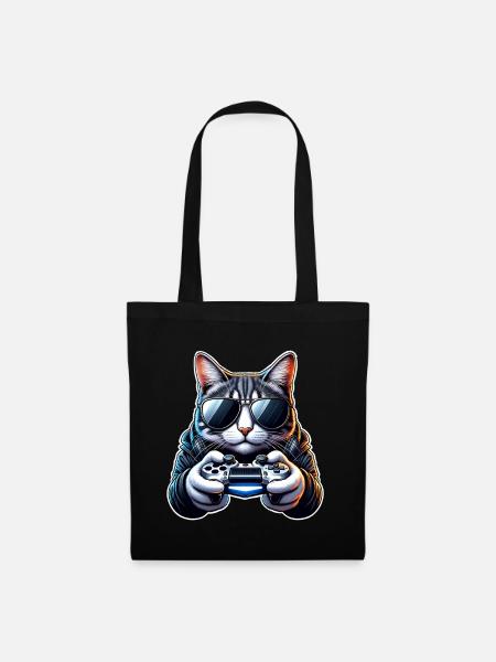 Katze Gamer Gaming Nerd - Stoffbeutel - Schwarz