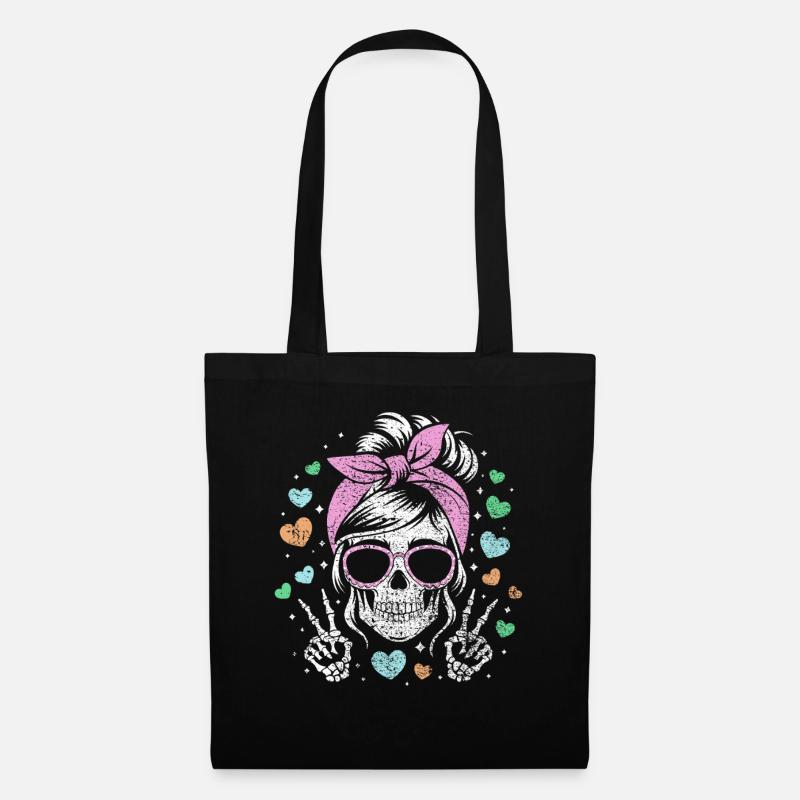 Verspieltes Totenkopf-Mädchen mit Herz-Akzenten - Stoffbeutel - Schwarz