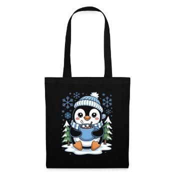 Süßer Winter Pinguin Mit Kakao Und Schneeflocken - Stoffbeutel - Schwarz - Vorne
