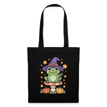 Witch frog on toadstool with pumpkins - Tote Bag - black - Front