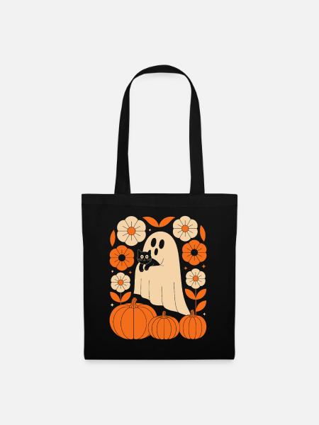 Geist Kürbis Katze Vintage Blumen Halloween Herbst - Stoffbeutel - Schwarz