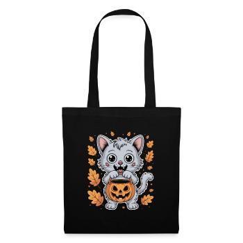Halloween Kätzchen Mit Kürbis Und Herbstblättern - Stoffbeutel - Schwarz - Vorne