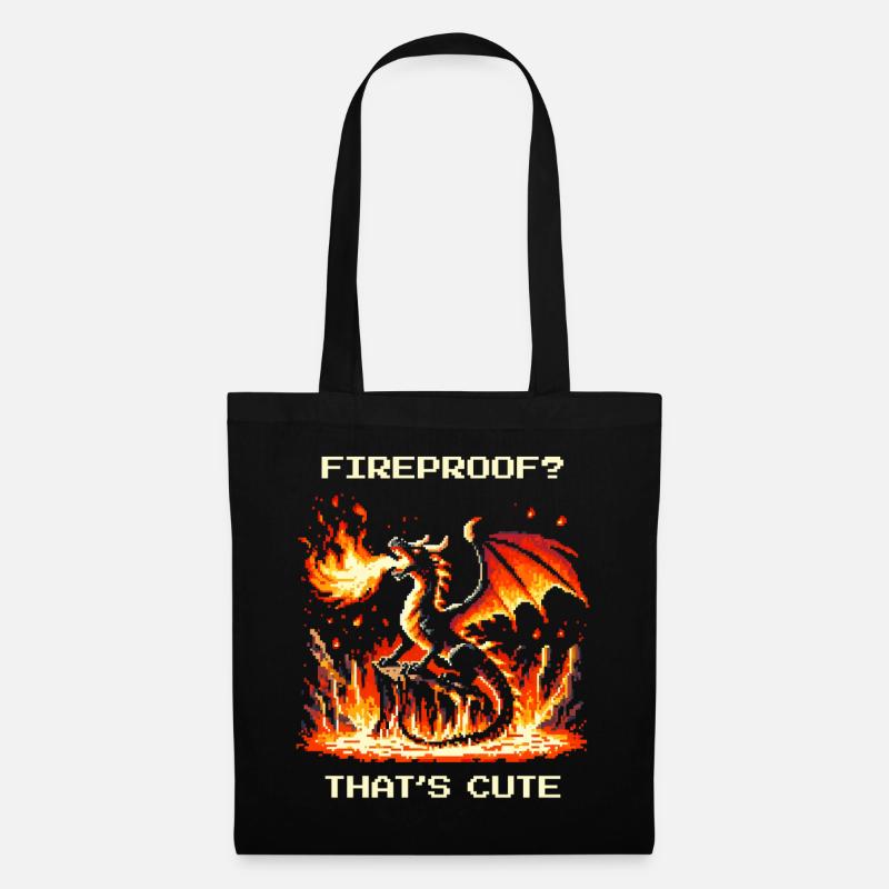Feuerfest? Niedlich. | Fantasy Drache Pixel Art - Stoffbeutel - Schwarz