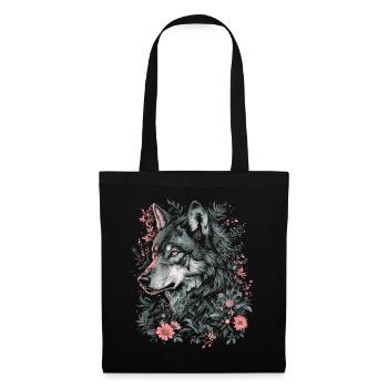 Wolf Wolfskopf Blumen Pflanzen Natur Wildnis Kunst - Stoffbeutel - Schwarz - Vorne