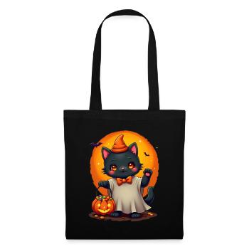Halloween Katze mit Halloween Kürbis - Stoffbeutel - Schwarz - Vorne