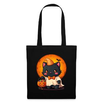 Halloween Katze mit Halloween Kürbis - Stoffbeutel - Schwarz - Vorne