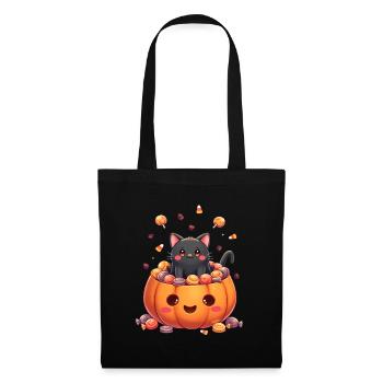 Halloween Katze mit Halloween Kürbis - Stoffbeutel - Schwarz - Vorne