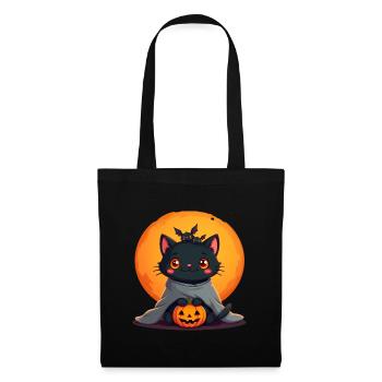 Halloween Katze mit Halloween Kürbis - Stoffbeutel - Schwarz - Vorne