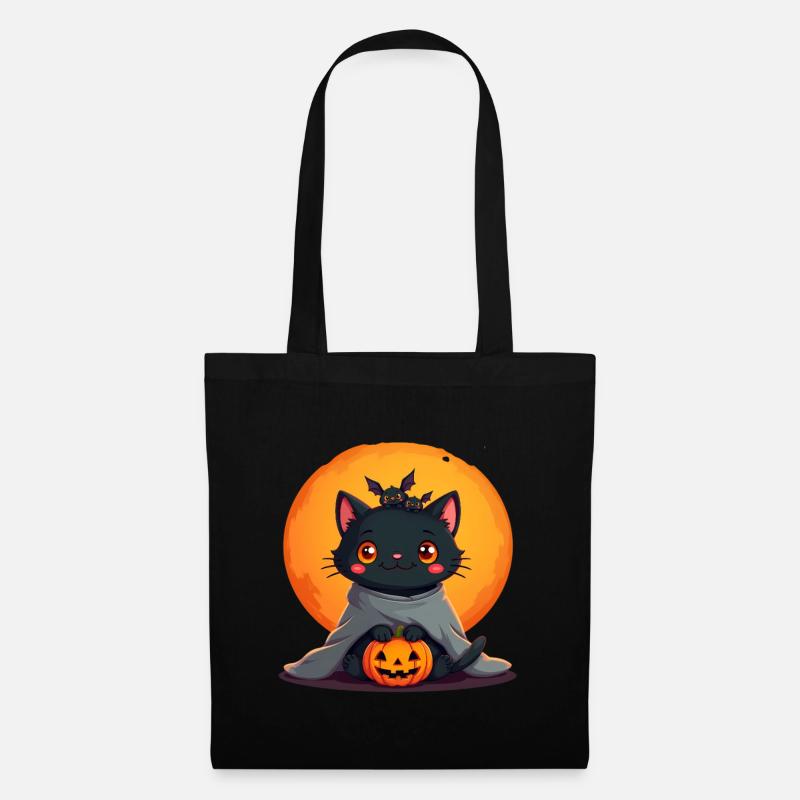 Halloween Katze mit Halloween Kürbis - Stoffbeutel - Schwarz