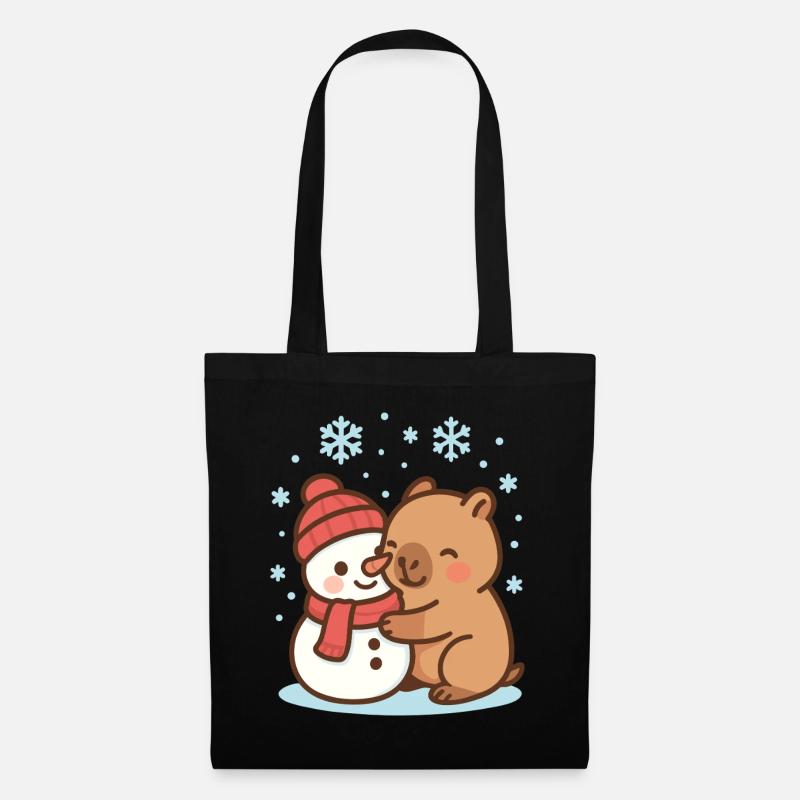 Capybara umarmt Schneemann im Winter - Stoffbeutel - Schwarz