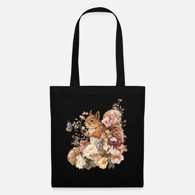 Eichhörnchen, Tier, Blumen, Schmetterlinge - Stoffbeutel - Schwarz