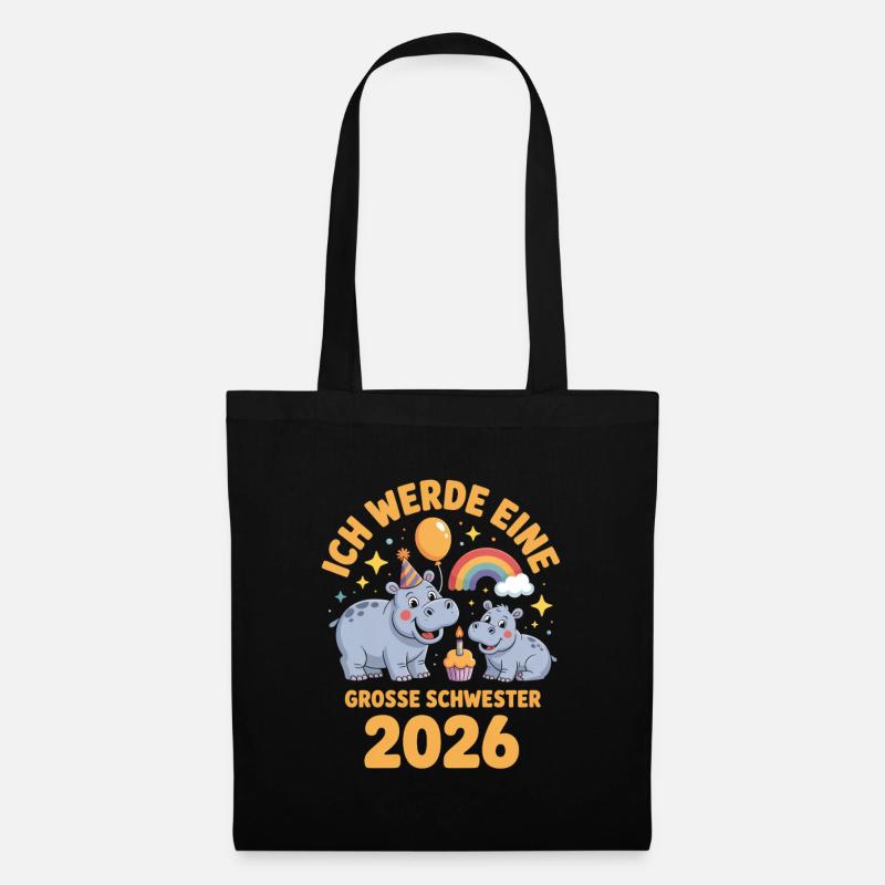Ich werde eine grosse Schwester 2026 Hippo - Stoffbeutel - Schwarz