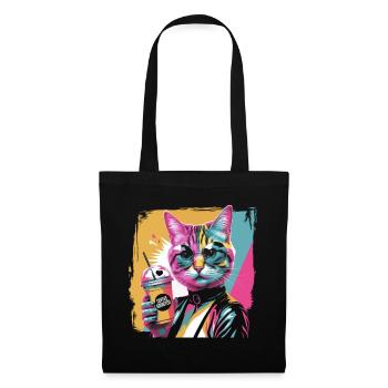 Popart Katze mit Drink buntes Comicmotiv - Stoffbeutel - Schwarz - Vorne