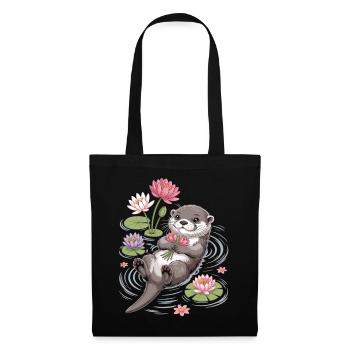 T-shirt Loutre avec des nénuphars – Motif animal mignon - Sac en tissu - noir - Devant