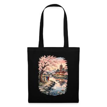 Traditioneller Japanischer Kirschblüten - Stoffbeutel - Schwarz - Vorne
