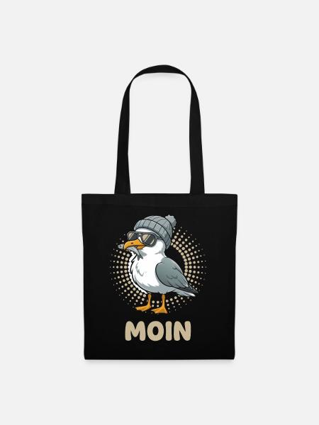 Moin Möwe Vogel mit Mütze und Fisch im Mund Möwen - Stoffbeutel - Schwarz