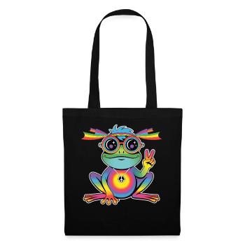Hippie Frosch T-Shirt – Peace Regenbogen Frosch - Stoffbeutel - Schwarz - Vorne