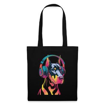 Doberman avec casque - Sac en tissu - noir - Devant