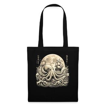 Vintage Oktopus unter Vollmond mit Segelschiff - Stoffbeutel - Schwarz - Vorne