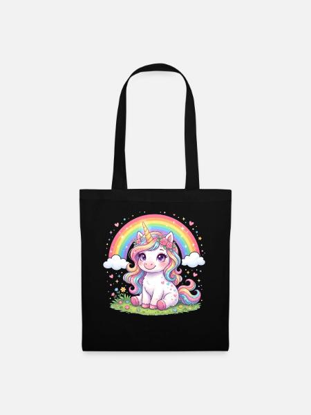 Regenbogen Einhorn mit Blumenkranz - Stoffbeutel - Schwarz