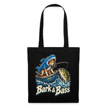 Bark & Bass Hund im Hai-Kostüm beim Angeln - Stoffbeutel - Schwarz - Vorne