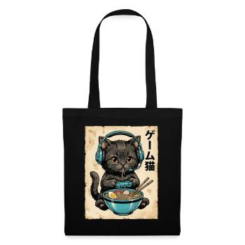 Gamer-Katze mit Ramen und Headset - Stoffbeutel - Schwarz - Vorne