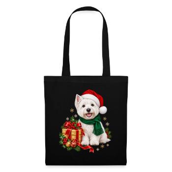 Weihnachts Westi mit Geschenk und Schal - Stoffbeutel - Schwarz - Vorne