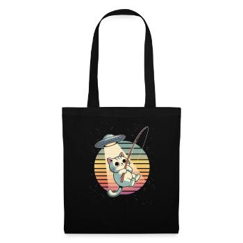 Kosmische Katze UFO-Angeln Retro Sonnenuntergang - Stoffbeutel - Schwarz - Vorne
