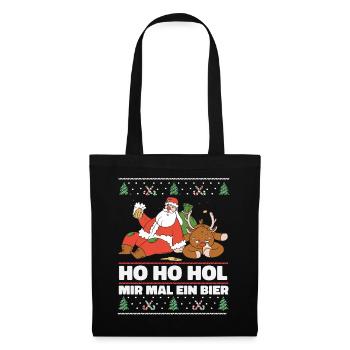Ho Ho Hol – Weihnachtsmann und Rentier mit Bier - Stoffbeutel - Schwarz - Vorne