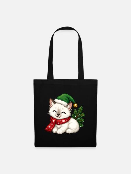 Weiße Katzen-Elfenhut-Weihnachten - Stoffbeutel - Schwarz
