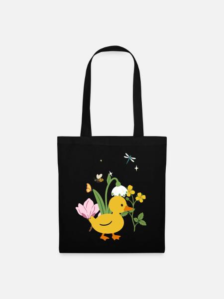 Ente Blumen Kinder Vogel Tierfreunde - Stoffbeutel - Schwarz