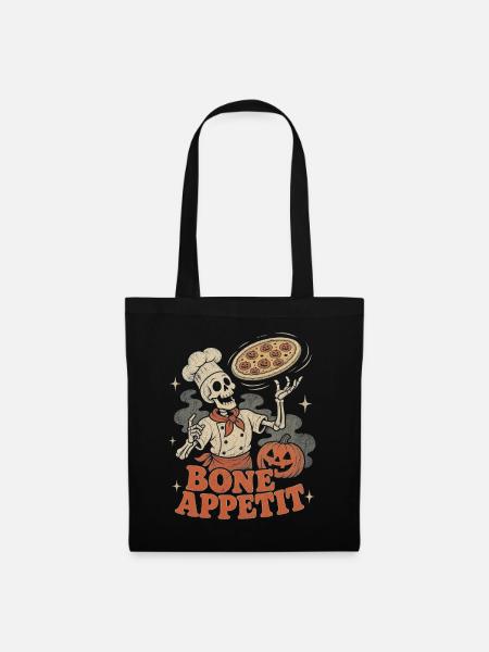 Halloween Skelett Pizza Koch Retro - Stoffbeutel - Schwarz