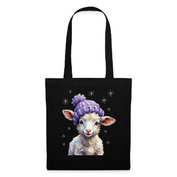Süßes Lamm mit violetter Strickmütze - Stoffbeutel - Schwarz - Vorne