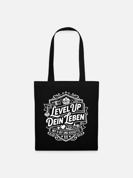 Level Up Dein Leben 8-Bit Kassette - Stoffbeutel - Schwarz
