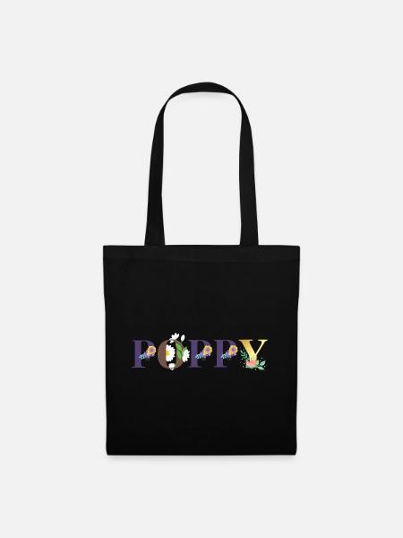 Poppy Name Art With Flowers Embroidered - Tote Bag - black