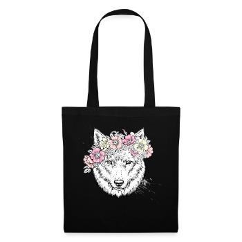 loup blanc avec des fleurs - Tshirt loup - Sac en tissu - noir - Devant