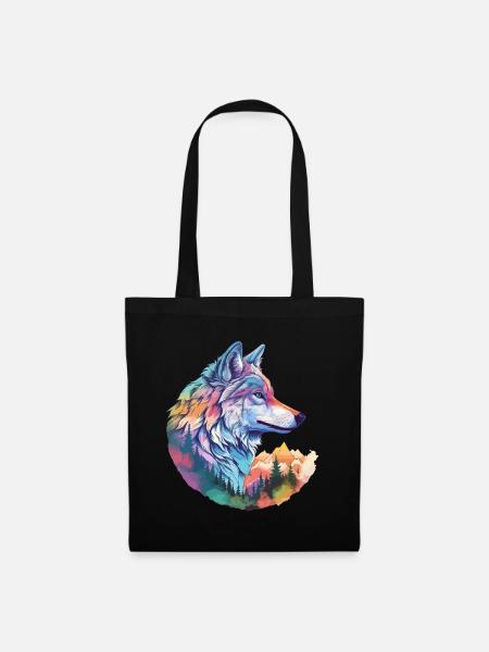 Wolf Wolfskopf Natur Wildnis Wald Bäume Bunt Kunst - Stoffbeutel - Schwarz