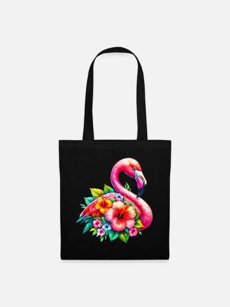 Flamingo verziert mit Hibiskusblüten - Stoffbeutel - Schwarz