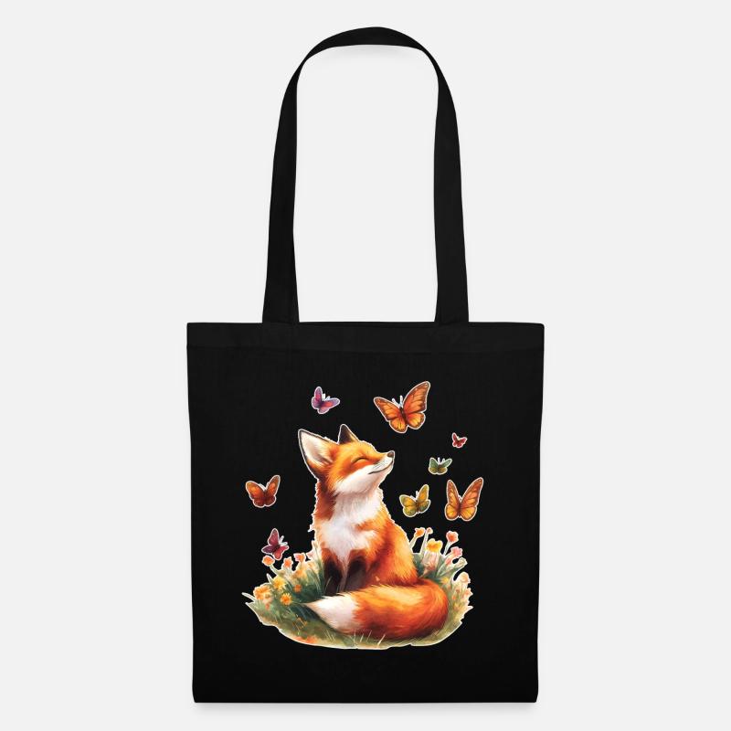 Fuchs mit Schmetterlingen - Stoffbeutel - Schwarz