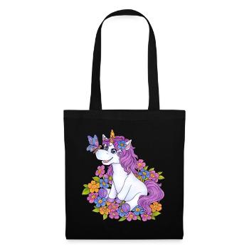 Niedliches Einhorn mit Schmetterling und Blumen - Stoffbeutel - Schwarz - Vorne