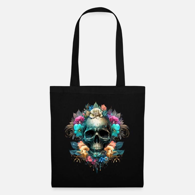 Totenkopf mit Blüten - Stoffbeutel - Schwarz