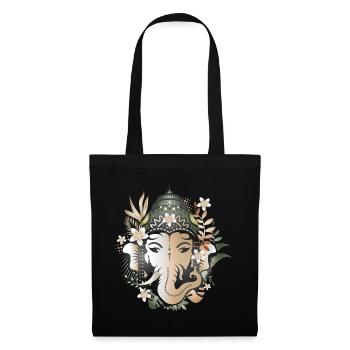 Elefanten Gott Ganesha geschmückt mit Blüten - Stoffbeutel - Schwarz - Vorne