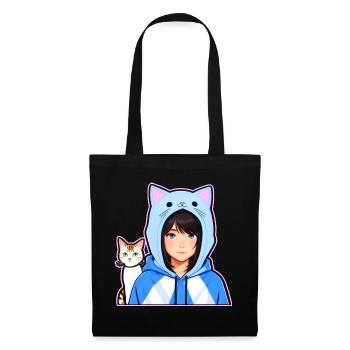 Cute Anime Manga Girl with Cat Hoodie - Tote Bag - black - Front