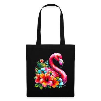 Flamingo verziert mit Hibiskusblüten - Stoffbeutel - Schwarz - Vorne