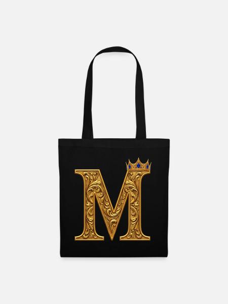 Barockes M Monogramm aus Gold - Stoffbeutel - Schwarz