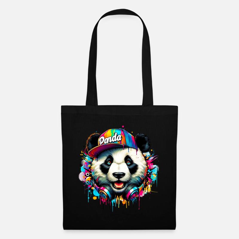 Panda DJ Deejay mit Kopfhörern hört Musik - Stoffbeutel - Schwarz