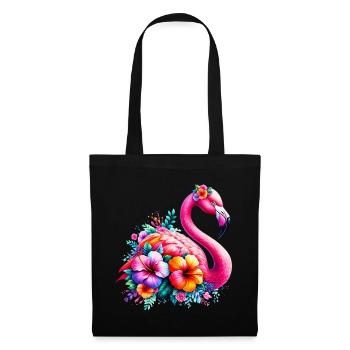 Flamingo verziert mit Hibiskusblüten - Stoffbeutel - Schwarz - Vorne