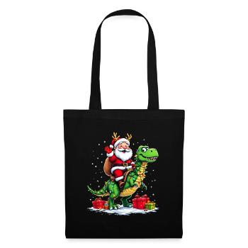 Lustiger Weihnachtsmann auf Dino mit Lichterkette - Stoffbeutel - Schwarz - Vorne