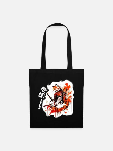 Samurai Katze in Rot - Stoffbeutel - Schwarz