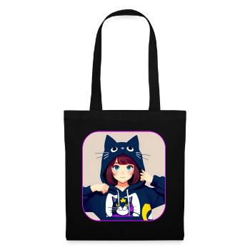 Cute Anime Manga Girl with Cat Hoodie - Tote Bag - black - Front
